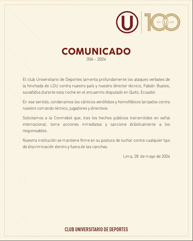 Comunicado de Universitario de Deportes vía redes sociales. (Foto: @Universitario).