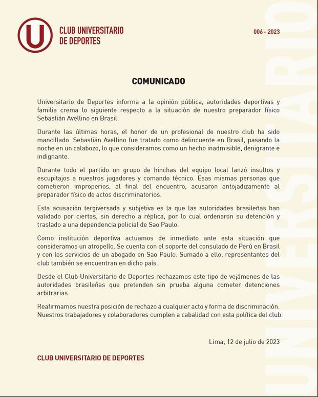 Universitario de Deportes sacó un comunicado, tras detención del preparador físico del club. (Foto: Twitter)