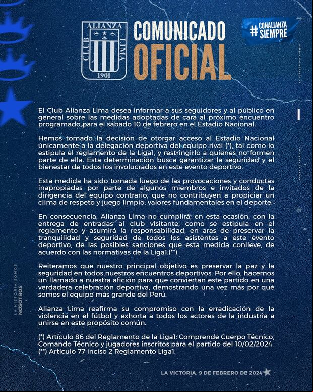 Comunicado de Alianza Lima previo al clásico ante Universitario. (Foto: Alianza Lima)