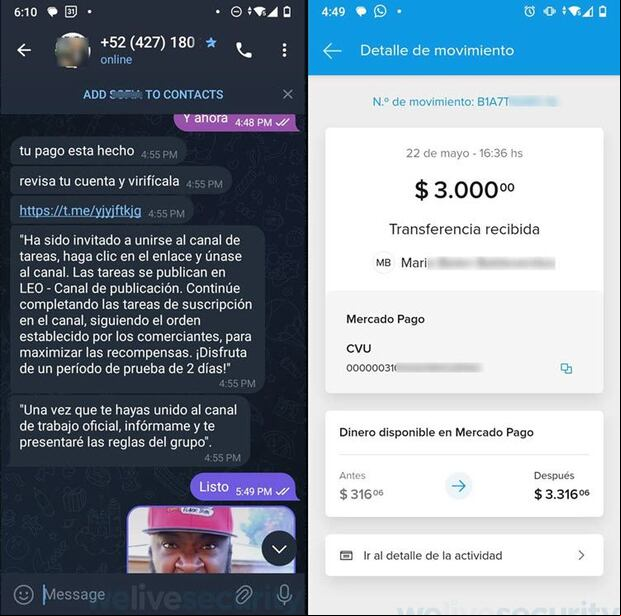 Conversaciones del engaño en WhatsApp (ESET)