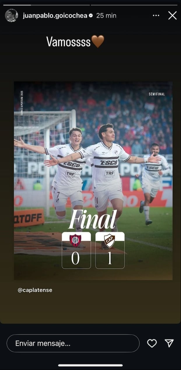 La publicación de Juan Pablo Goicochea tras el pase de Platense a la final de la Liga Profesional Argentina. (Captura)