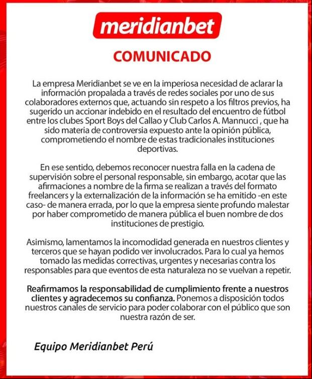 Meridianbet se pronunció tras comunicados de Boys y Mannucci negando amaño. (Foto: Meridianbet)