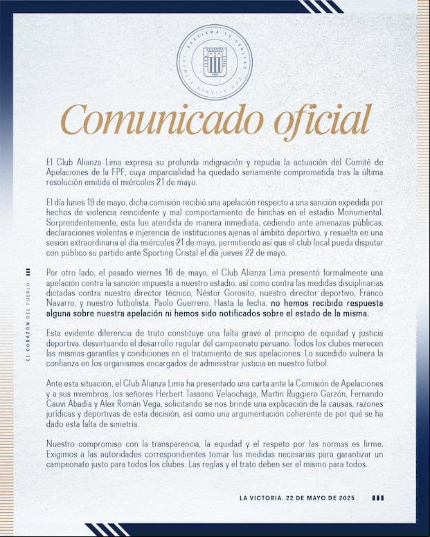 Alianza Lima mostró rechazo ante Comisión de Apelaciones de la FPF. (Foto: Alianza Lima)