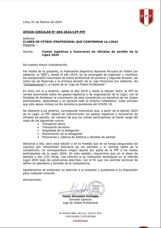 El oficio circular de la Federación Peruana de Fútbol.