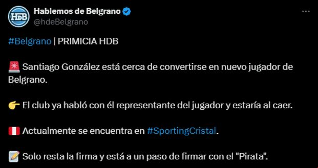 'Hablemos de Belgrano' confirmó que Santiago González está cerca de Belgrano. (Captura)