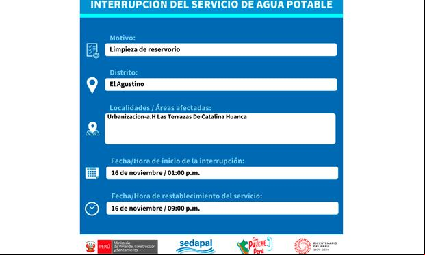 Zonas afectadas con corte de agua para el 16 de noviembre. (Foto: Twitter)