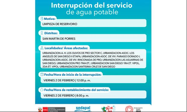 Sedapal informó qué distritos no tendrán agua este viernes 2 de febrero. (Foto: Twitter)