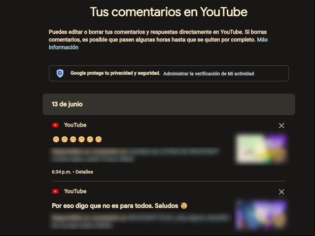 YOUTUBE | Chequea en un listado todos los comentarios que hiciste. (Foto: Depor - Rommel Yupanqui)
