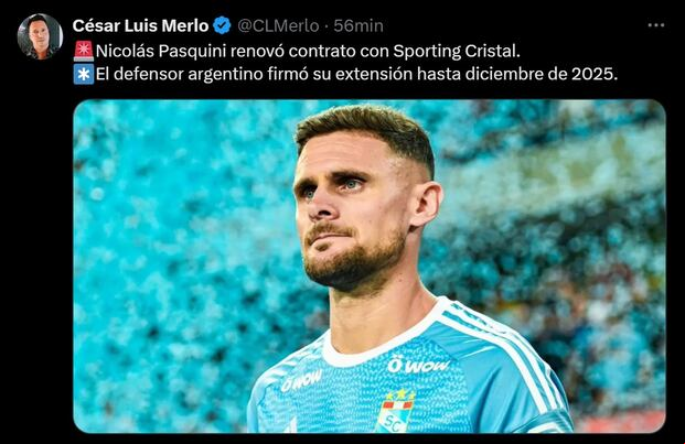 César Luis Merlo confirmó que Nicolás Pasquini y Sporting Cristal ampliaron contrato. (Foto: Captura de ‘X’).