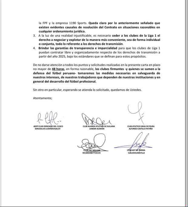 La carta de los clubes a la FPF en referencia a 1190. (Foto: Difusión)