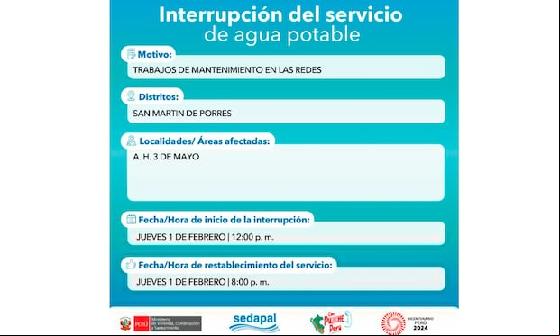 Sedapal informó qué distritos no tendrán agua este jueves 1 de febrero. (Foto: Twitter)