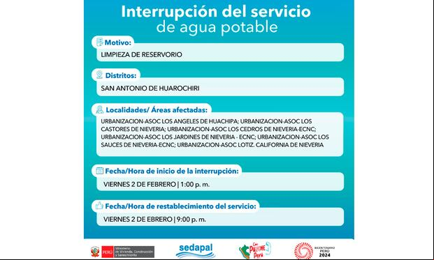 Sedapal informó qué distritos no tendrán agua este viernes 2 de febrero. (Foto: Twitter)