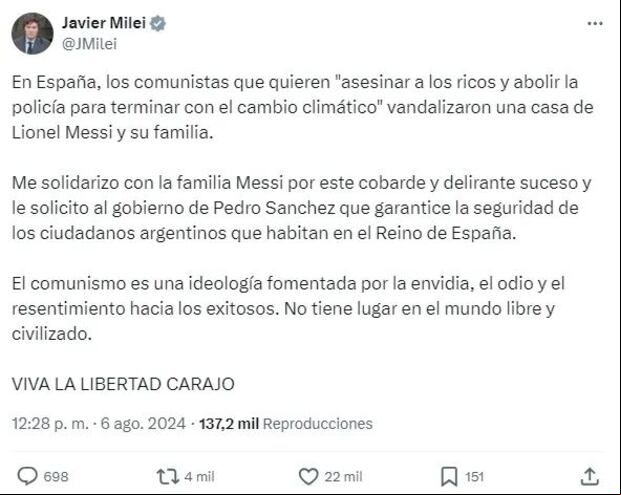 Javier Milei se pronuncia tras el ataque a casa de Lionel Messi.
