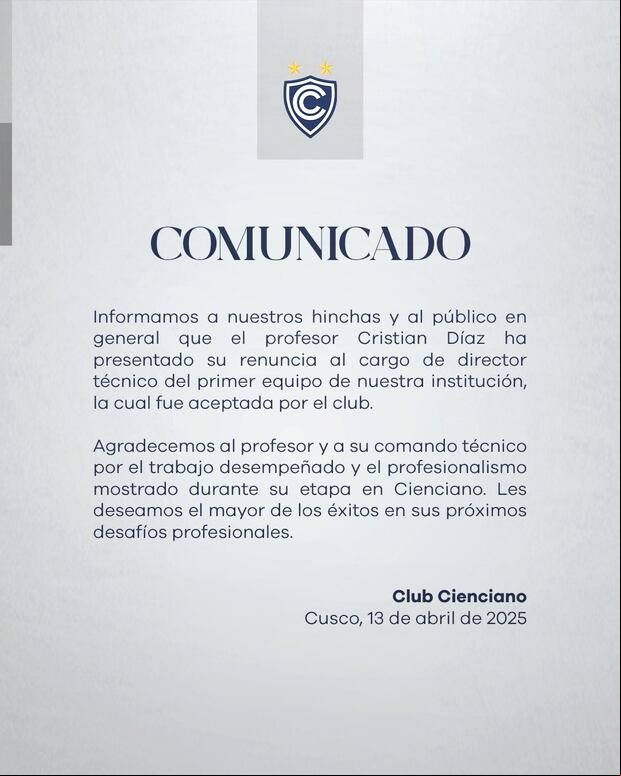 Comunicado de Cienciano del Cusco informando la salida de Cristian Díaz.