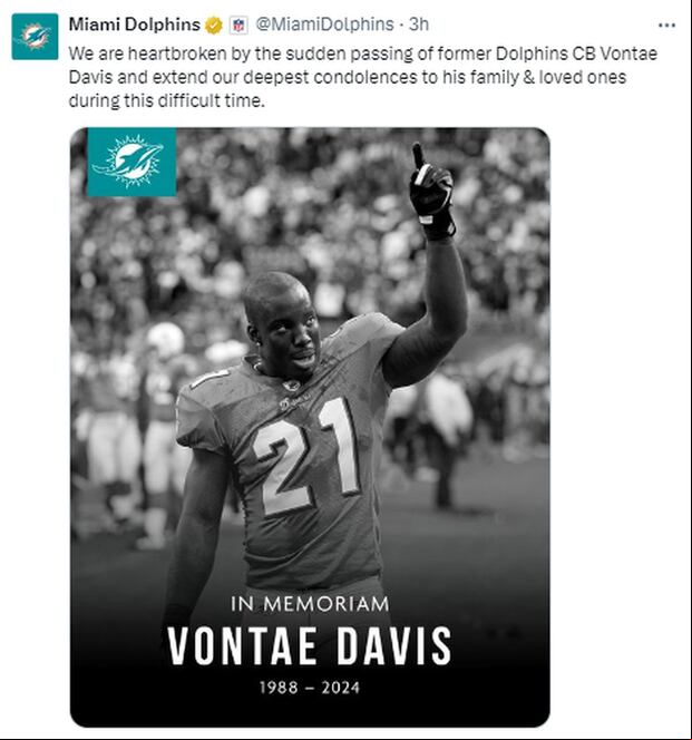Otro de los equipo en el que jugó se despidió de Vontae Davis (Foto: Miami Dolphins / X)