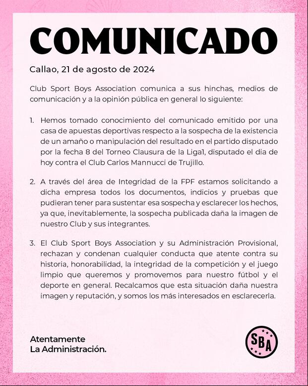 Comunicado de Sport Boys ante caso de amaño de partidos. (Foto: Sport Boys)