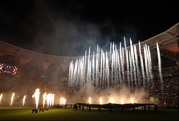 Fireworks illuminate the stadium ahead of the Spanish Super Cup semi-final football match between Athletic Bilbao and Barcelona at the King Abdullah Sport City in Jeddah on January 8, 2025. (Photo: Fadel Senna / AFP)