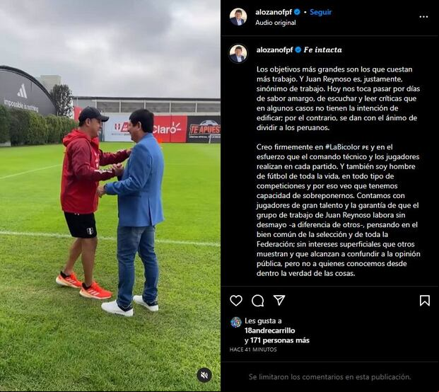 La publicación de Agustín Lozano en redes sociales. (Captura: Instagram)