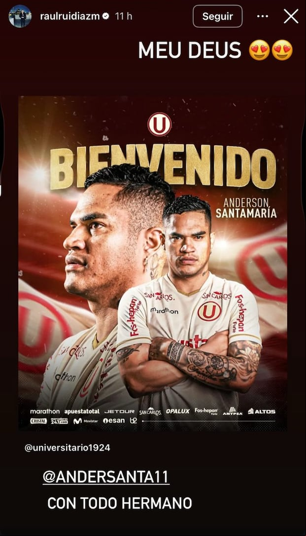 La historia que compartió Raúl Ruidíaz con un mensaje que Anderson Santamaría reposteó en su cuenta de Instagram. (Captura)