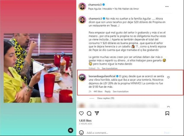 El comentario que hizo Leonardo pero luego borró (Foto: Chamonic 3 / Instagram)