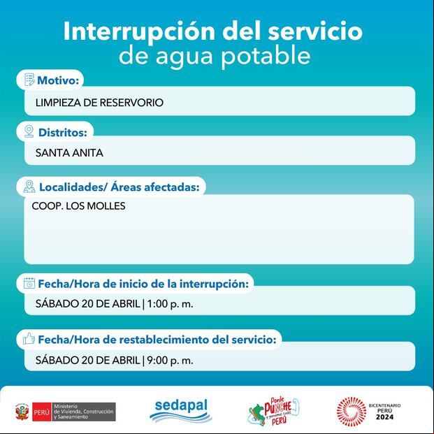 Sedapal anunció las zonas que no contarán con servicio de agua este sábado 20 de abril. (Foto: Sedapal)