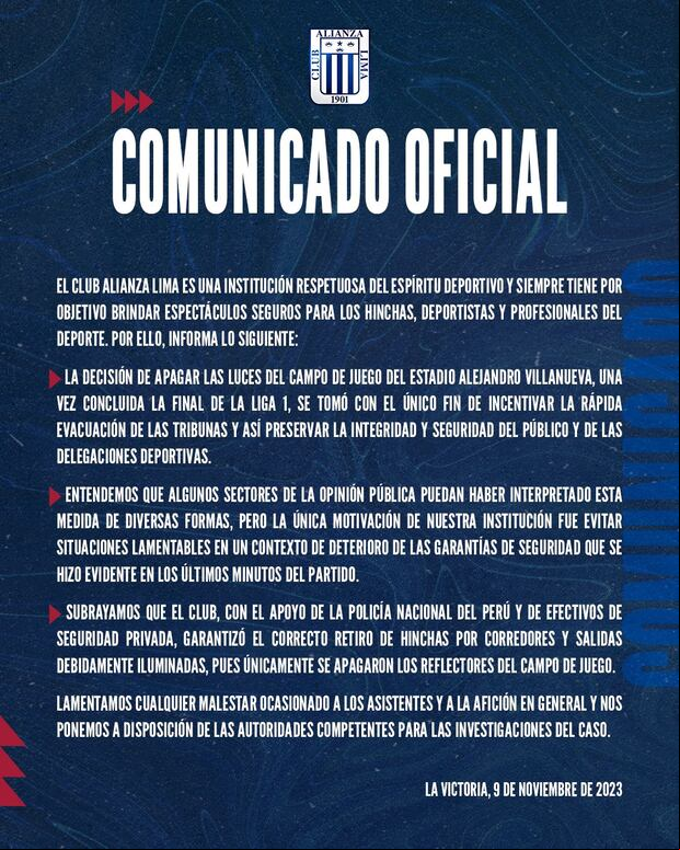 Comunicado de Alianza Lima tras el apagón. (Alianza Lima)