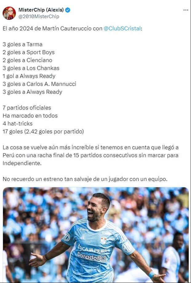 Los elogios de MisterChip para Cauteruccio por su racha goleadora con Cristal.