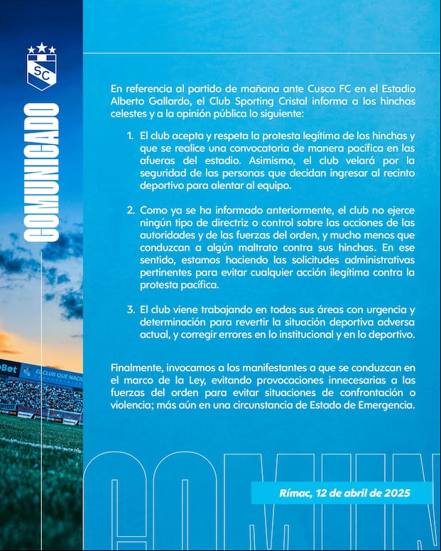 Comunicado de Sporting Cristal publicado en las redes sociales.
