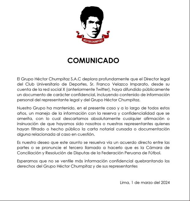 Comunicado del Grupo Chumpitaz sobre el 'caso Piero Quispe'. (Foto: Grupo Chumpitaz)