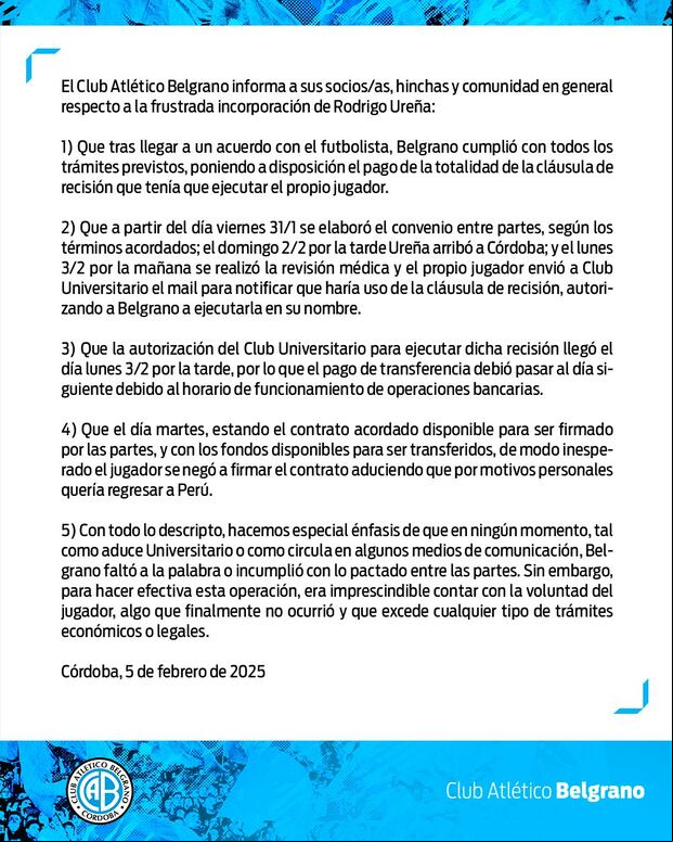 Comunicado oficial de Belgrano sobre el fichaje frustrado de Rodrigo Ureña (Foto: @Belgrano).