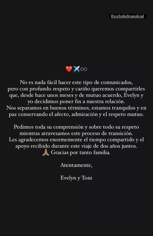 El comunicado de las celebridades dando a conocer el fin de su relación (Foto: Toni Costa y Evelyn Beltrán / Instagram)