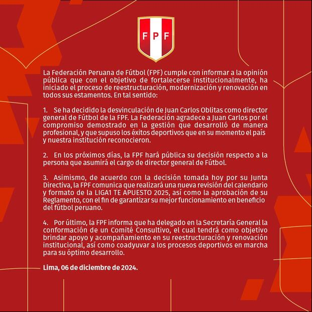 Comunicado de la Federación Peruana de Fútbol. (Fuente: FPF)