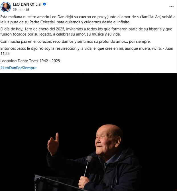 El mensaje sobre el fallecimiento de Leo Dan.