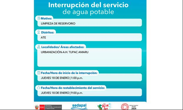 Sedapal informó qué distritos no tendrán agua este jueves 18 de enero. (Foto: Twitter)