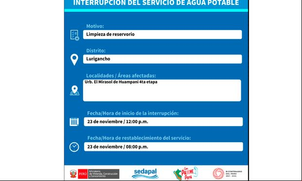 Sedapal informó qué distritos no tendrán agua este jueves 23 de noviembre. (Foto: Twitter)