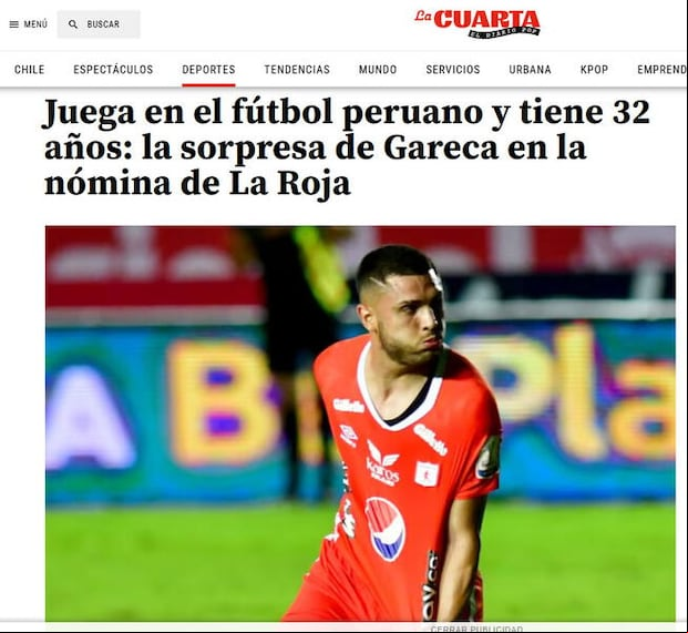 La prensa chilena hizo eco de la convocatoria de Rodrigo Ureña, la gran novedad en la lista del 'Tigre' Gareca. (Captura La Cuarta)