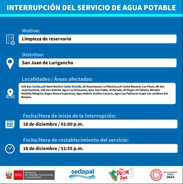 Sedapal informó qué distritos no tendrán agua este jueves 14 de diciembre. (Foto: Twitter)
