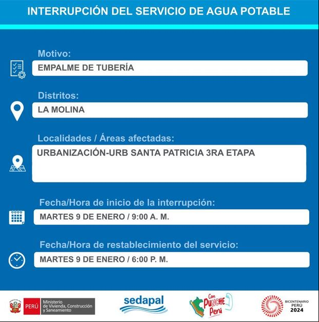 Sedapal informó qué distritos no tendrán agua este martes 9 de enero. (Foto: Twitter)