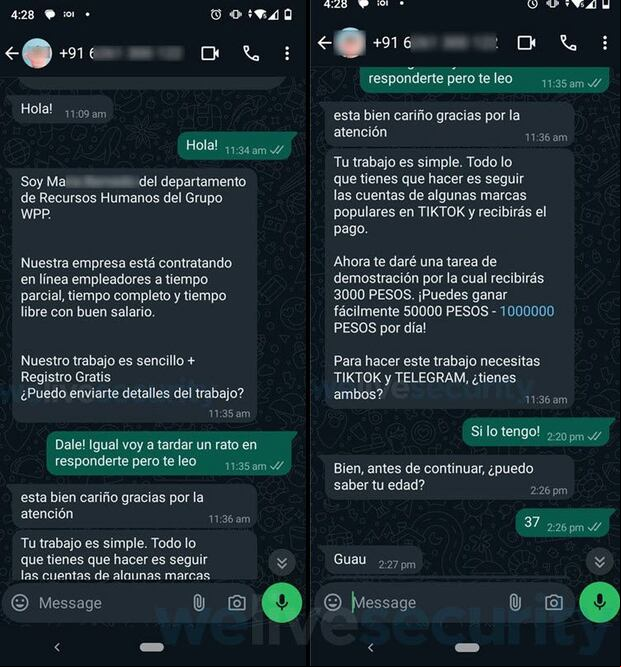 Conversaciones del engaño en WhatsApp (ESET)
