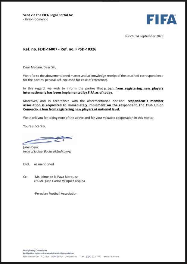 La sanción impuesta por la FIFA a Unión Comercio. (Foto: FIFA)