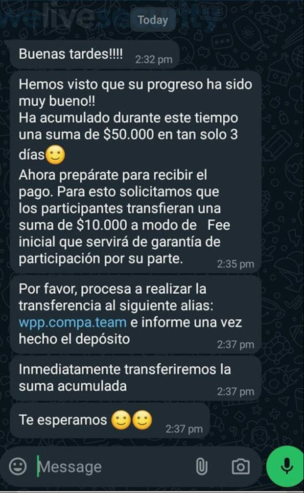 Conversaciones del engaño en WhatsApp (ESET)