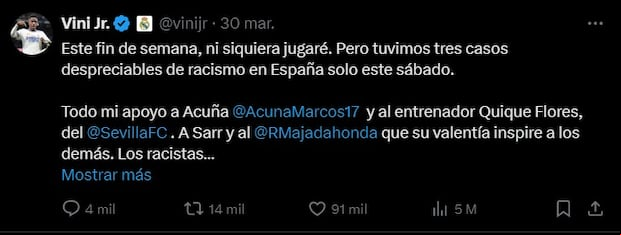 Vinícius Júnior respaldó a Marcos Acuña tras los insultos racistas que sufrió por parte de un hincha del Getafe. (Foto: Captura de 'X').
