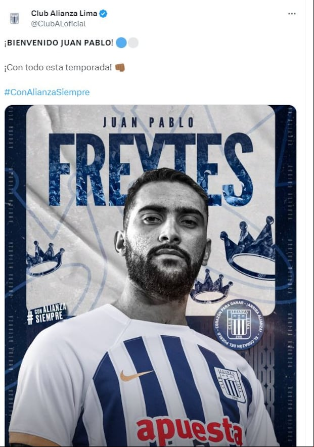 Así anunció Alianza Lima el fichaje del defensor argentino Juan Pablo Freytes.