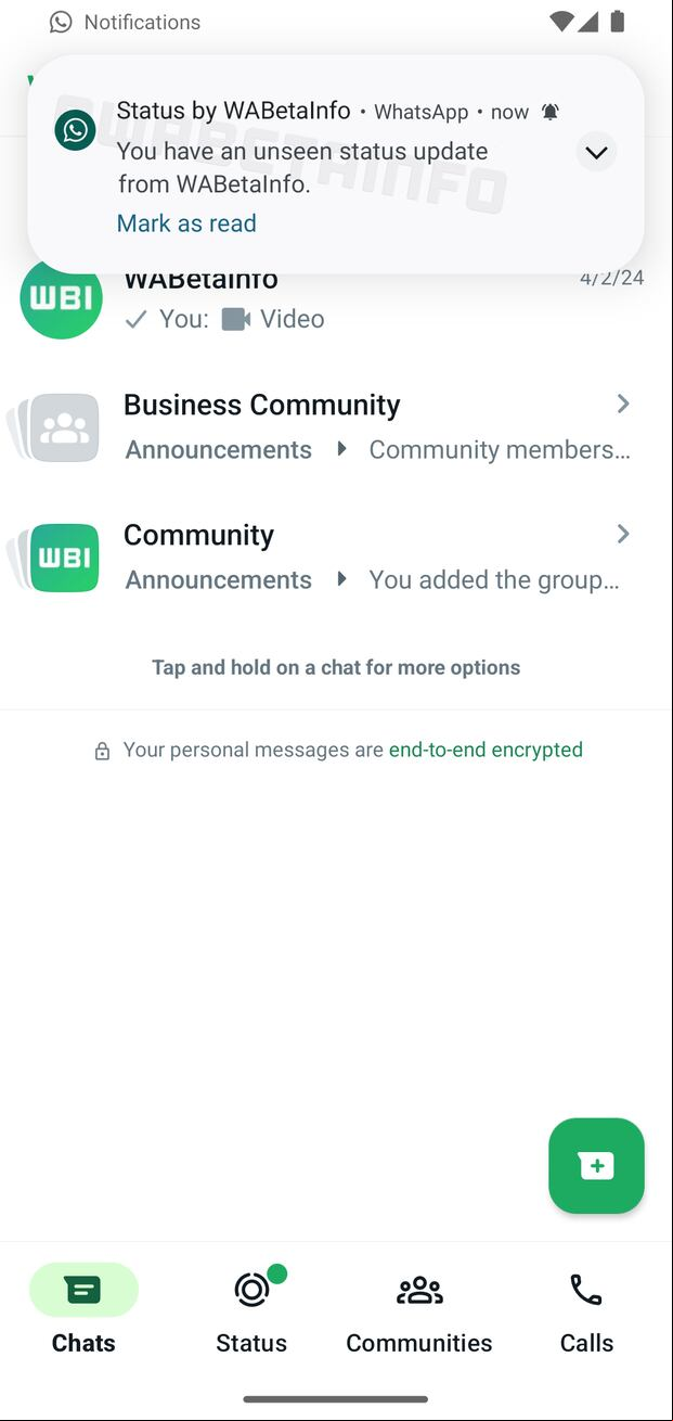 Vista previa de la notificación "tienes una actualización de estado invisible". (Foto: WabetaInfo)