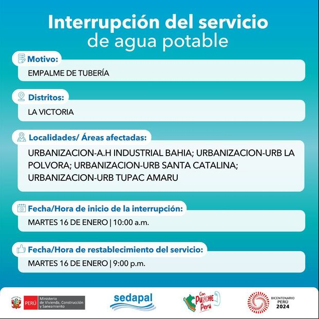Sedapal informó qué distritos no tendrán agua este martes 16 de enero. (Foto: Twitter)