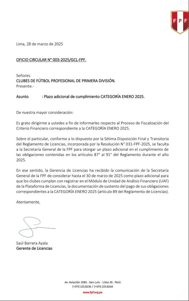 La secretaria de la FPF solicitó extender hasta el 30 de marzo el plazo para que los clubes cumplan con sus obligaciones de enero (Foto: @FPF).