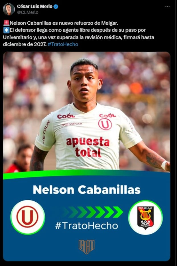 Nelson Cabanillas es nuevo jugador de Melgar de Arequipa. (Foto: Captura de ‘X’).