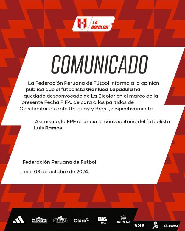 Comunicado de la Selección Peruana sobre Gianluca Lapadula. (Foto: Bicolor)