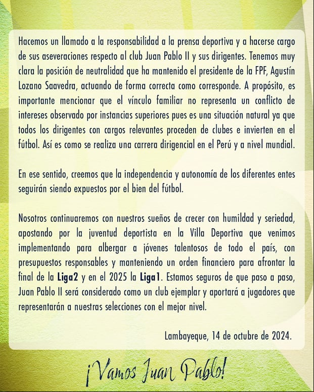Comunicado de Juan Pablo II tras su ascenso a la Liga 1. (Foto: Juan Pablo II)