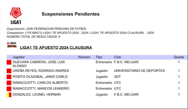 El boletín de sanciones para la fecha 6 del Torneo Clausura 2024. (Foto: Difusión)